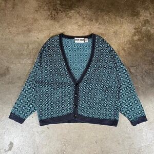 Vintage Knit Knit Geometric Diamond Cardigan Sweater Teal Navy womens Large